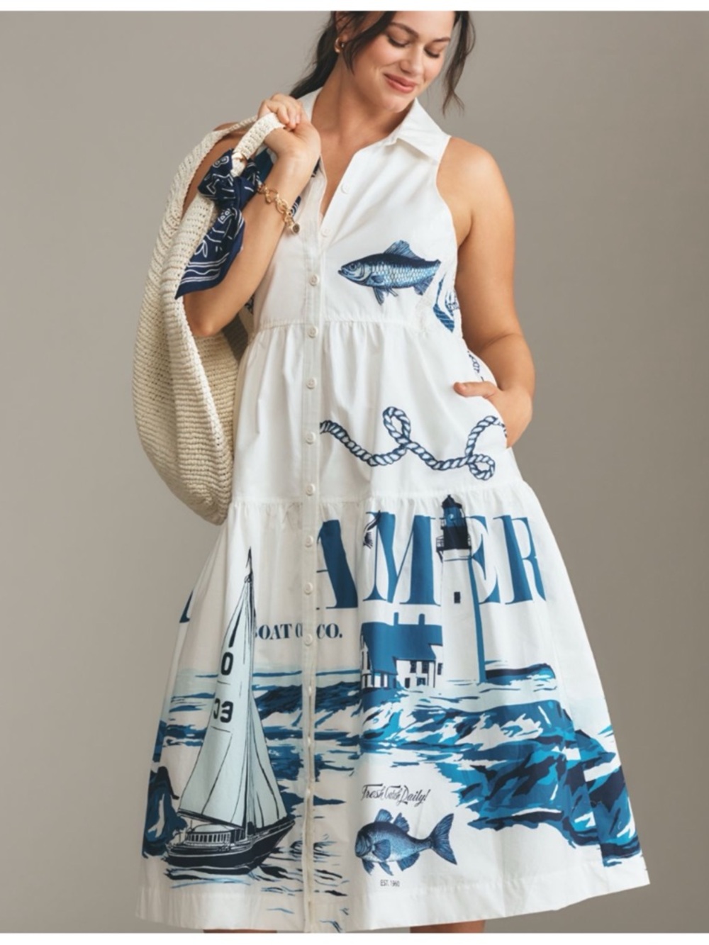 NWT Anthropologie Maeve Sleeveless Nautical Lighthouse Fish Midi Shirt Dress, XL